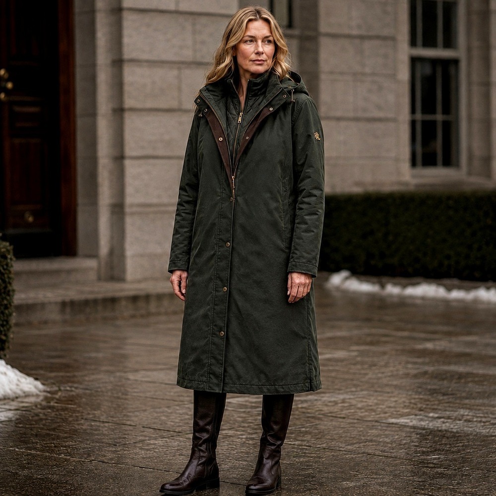 Lauren Ralph Lauren Long Hooded Parka L Forest Green Insulated Double Zip Coat